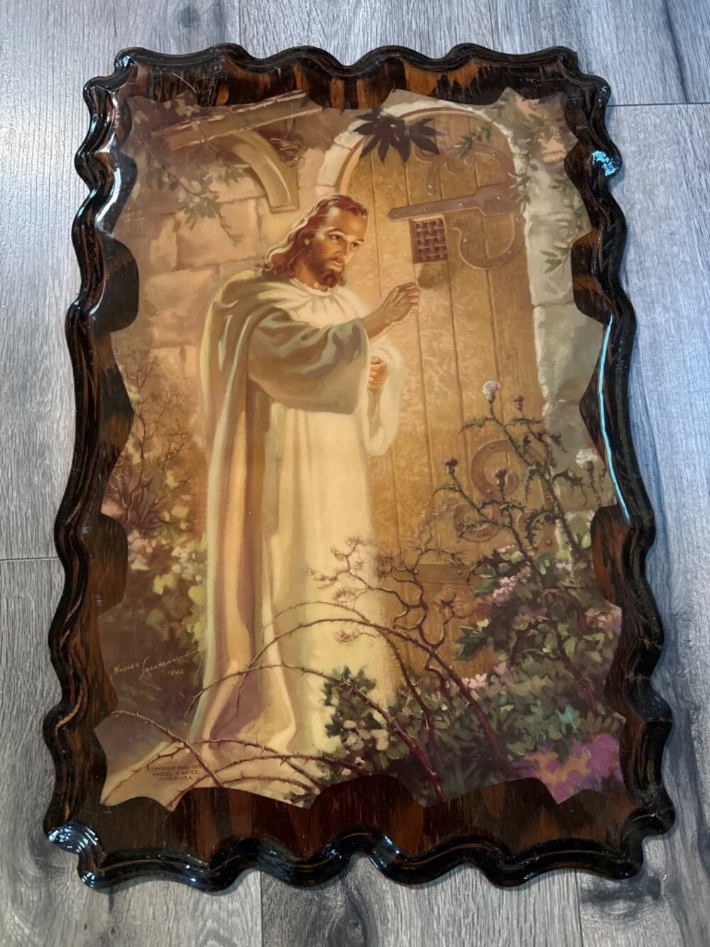 Handcrafted 1942 Religious Wall Plaque Jesus Knocking At The Door Framed Wood Pr
